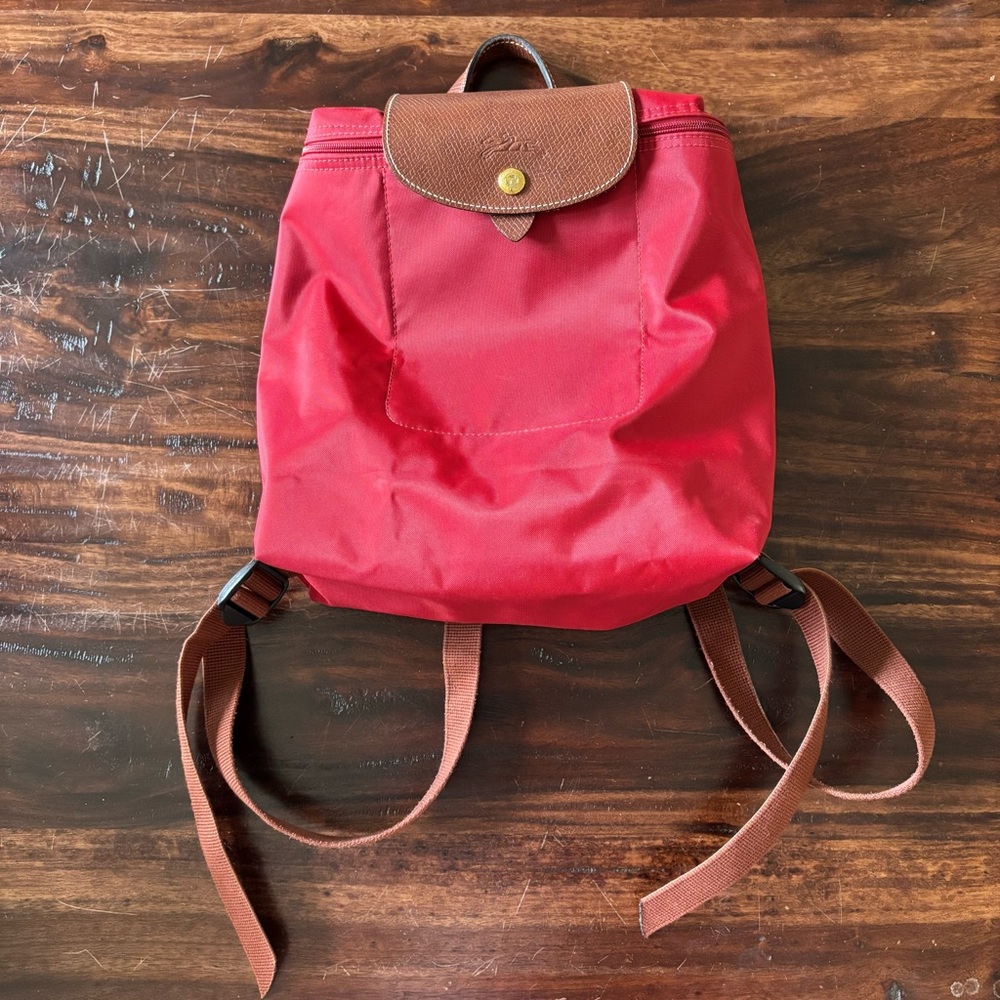 Longchamp Red and Brown Backpack with Leather Trim